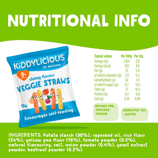 Kiddylicious Cheesy Flavoured Veggie Straws Baby Snacks Big Pack 10 x 12g