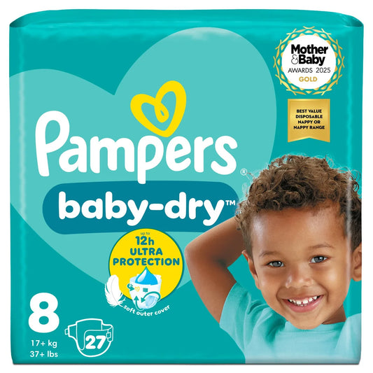 Pampers Baby-Dry Nappies, Size 8 (17kg+) Essential 27 per Pack