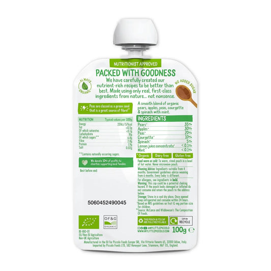 Piccolo Pear, Apple, & Spring Green Organic Pouch, 4 mths+ 100g