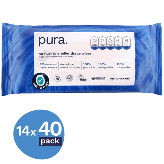 Pura Flushable Toilet Tissue Wipes, Multipack 14 x 40 per pack