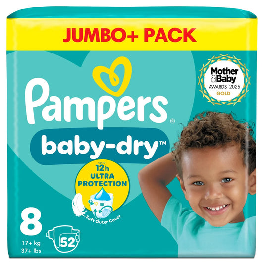 Pampers Baby-Dry Nappies, Size 8 (17kg+) Jumbo+ 52 per Pack