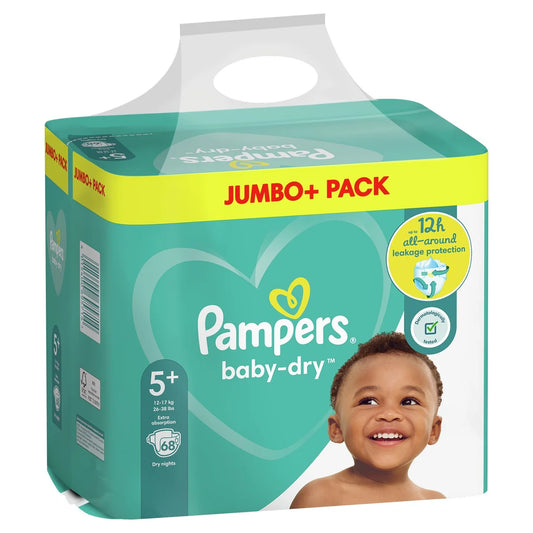 Pampers Baby-Dry Nappies, Size 5+ (12-17kg) Jumbo+ 68 per Pack