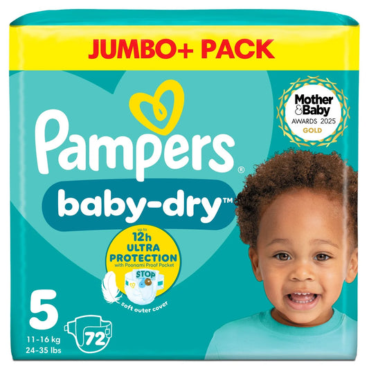 Pampers Baby-Dry Nappies, Size 5 (11-16kg) Jumbo+ 72 per Pack