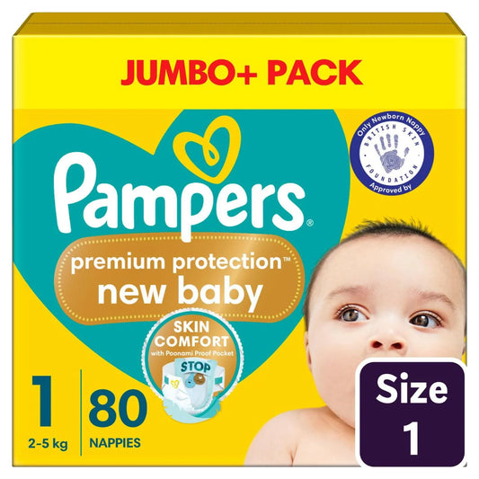 Pampers New Baby Nappies, Size 1 (2-5kg) Jumbo+ 80 per Pack