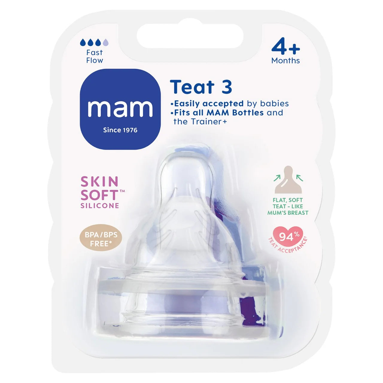 MAM Silicone Bottle Teats Fast Flow 4+ Months Level 3 , 2 per pack