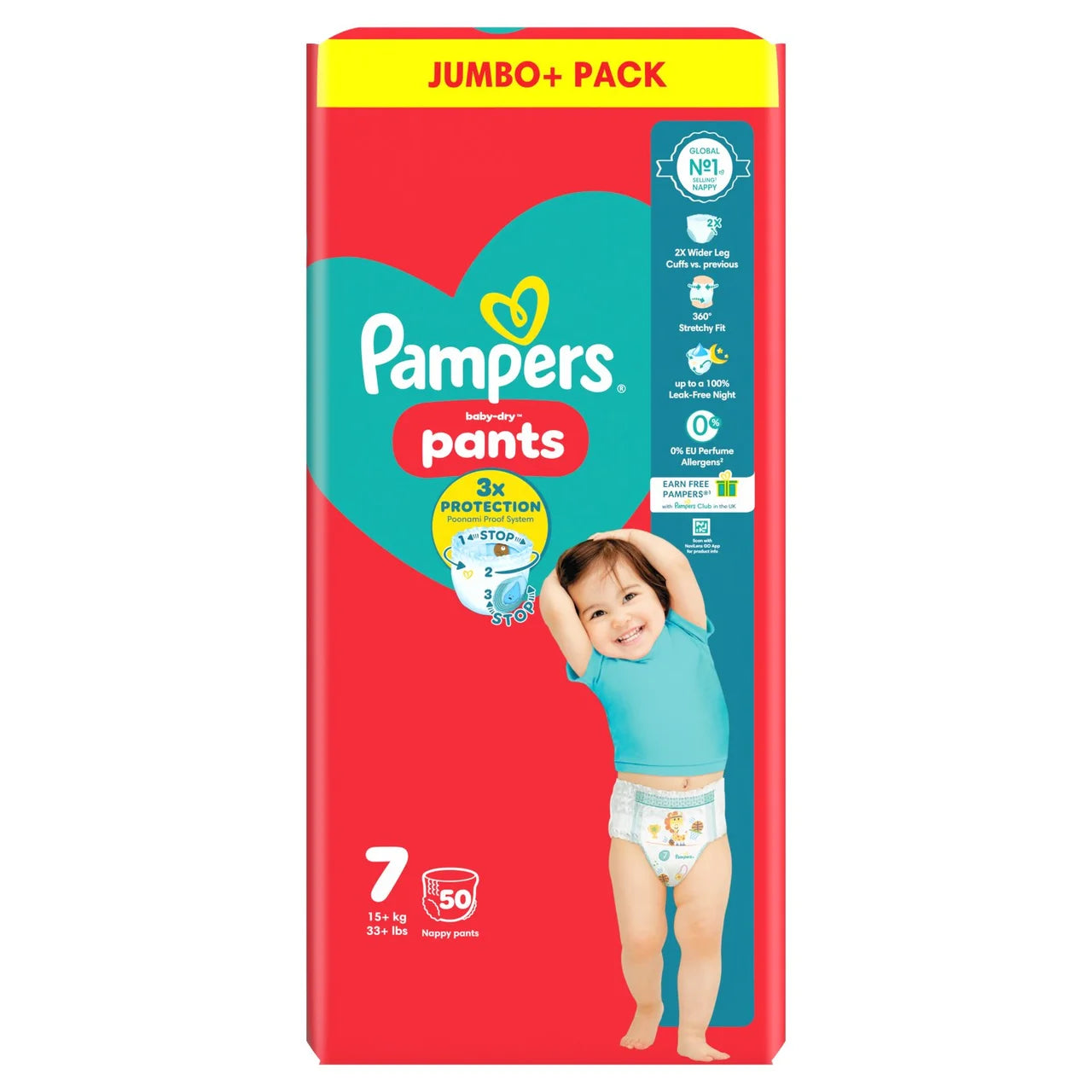 Pampers Baby-Dry Nappy Pants, Size 7 15kg+ Jumbo 50 per Pack