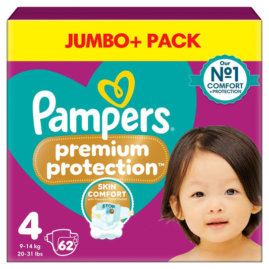 Pampers Premium Protection Nappies, Size 4 (9-14kg) Jumbo+ 62 per Pack