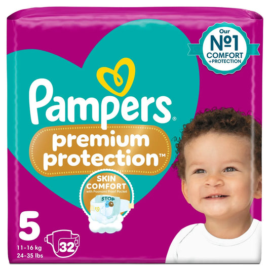 Pampers Premium Protection Nappies, Size 5 (11-16kg) Essential 32 per Pack