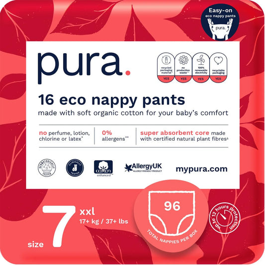 Pura High Performance Eco Nappy Pants Size 7 (17+ kg) Mega 6 x 16 per Pack