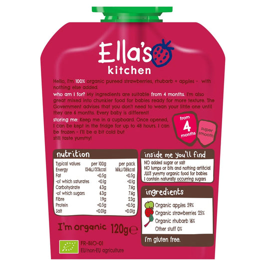 Ella's Kitchen Strawberries, Rhubarb & Apples Baby Food Pouch 4+ Months 120g