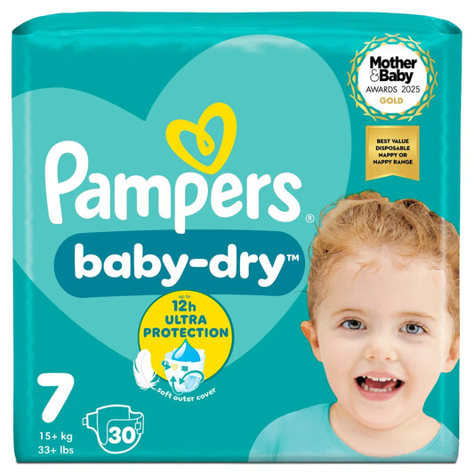 Pampers Baby-Dry Nappies, Size 7 (15kg+) Essential 30 per Pack