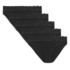 M&S Womens Collection 5 Pack Cotton Lycra & Lace Knickers, Size 14, Black