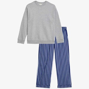 M&S Cotton Rich Striped Pyjamas, Size 10, Grey Mix
