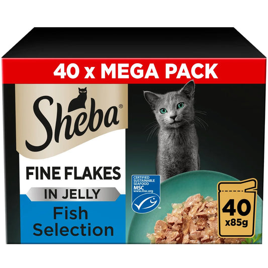 Sheba Fine Flakes Cat Food Pouches MSC Fish in Jelly Mega Pack 40 x 85g