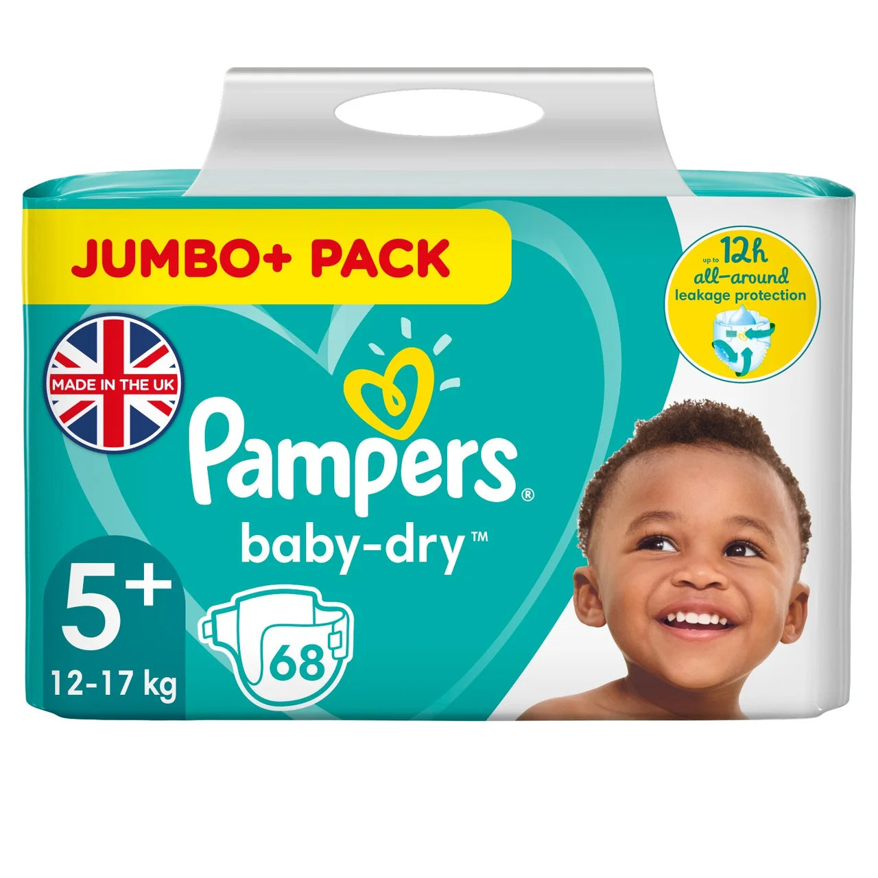 Pampers Baby-Dry Nappies, Size 5+ (12-17kg) Jumbo+ 68 per Pack