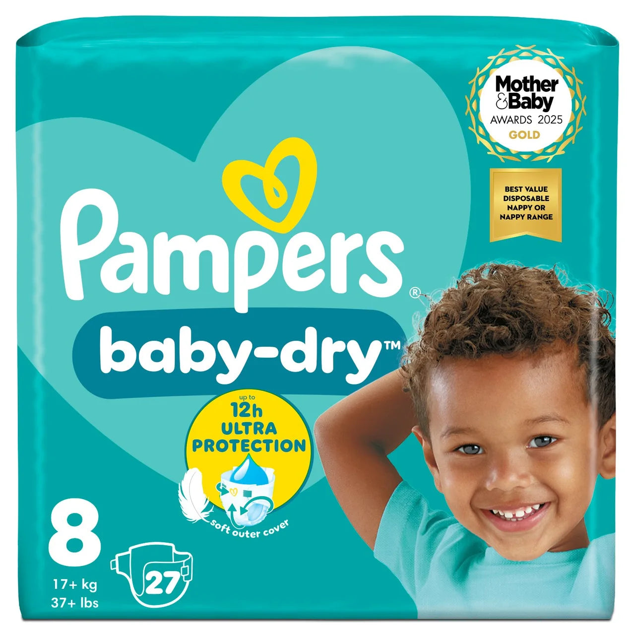 Pampers Baby-Dry Nappies, Size 8 (17kg+) Essential 27 per Pack