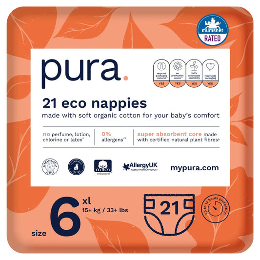 Pura Eco Nappies, Size 6 (15kg+) 21 per pack