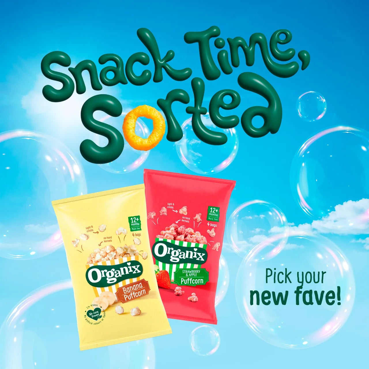 Organix Strawberry Puffcorn Toddler Snacks Multipack 12 months+ 4 x 10g