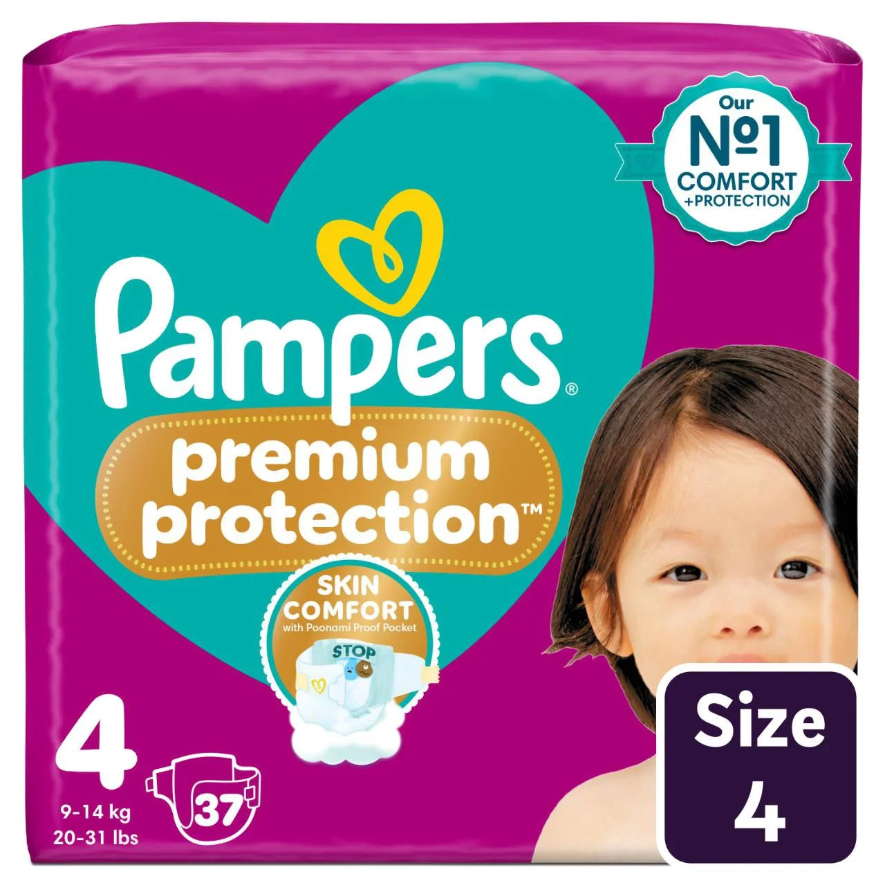 Pampers Premium Protection Nappies, Size 4 (9-14kg) Essential 37 per Pack