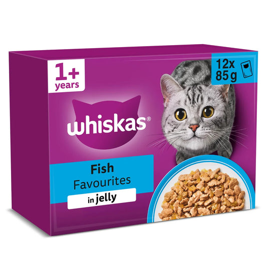 Whiskas 1+ Adult Wet Cat Food Pouches Fish Favourites in Jelly 12 x 85g