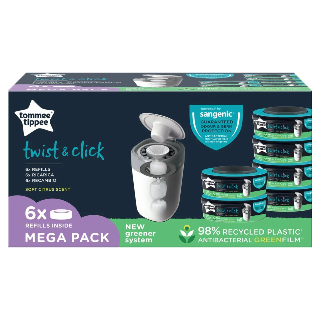 Tommee Tippee Twist & Click Nappy Bin Refill Casettes, Multipack 6 per pack