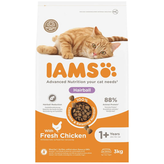 IAMS 1+ Years Hairball Dry Cat Food Chicken 3kg