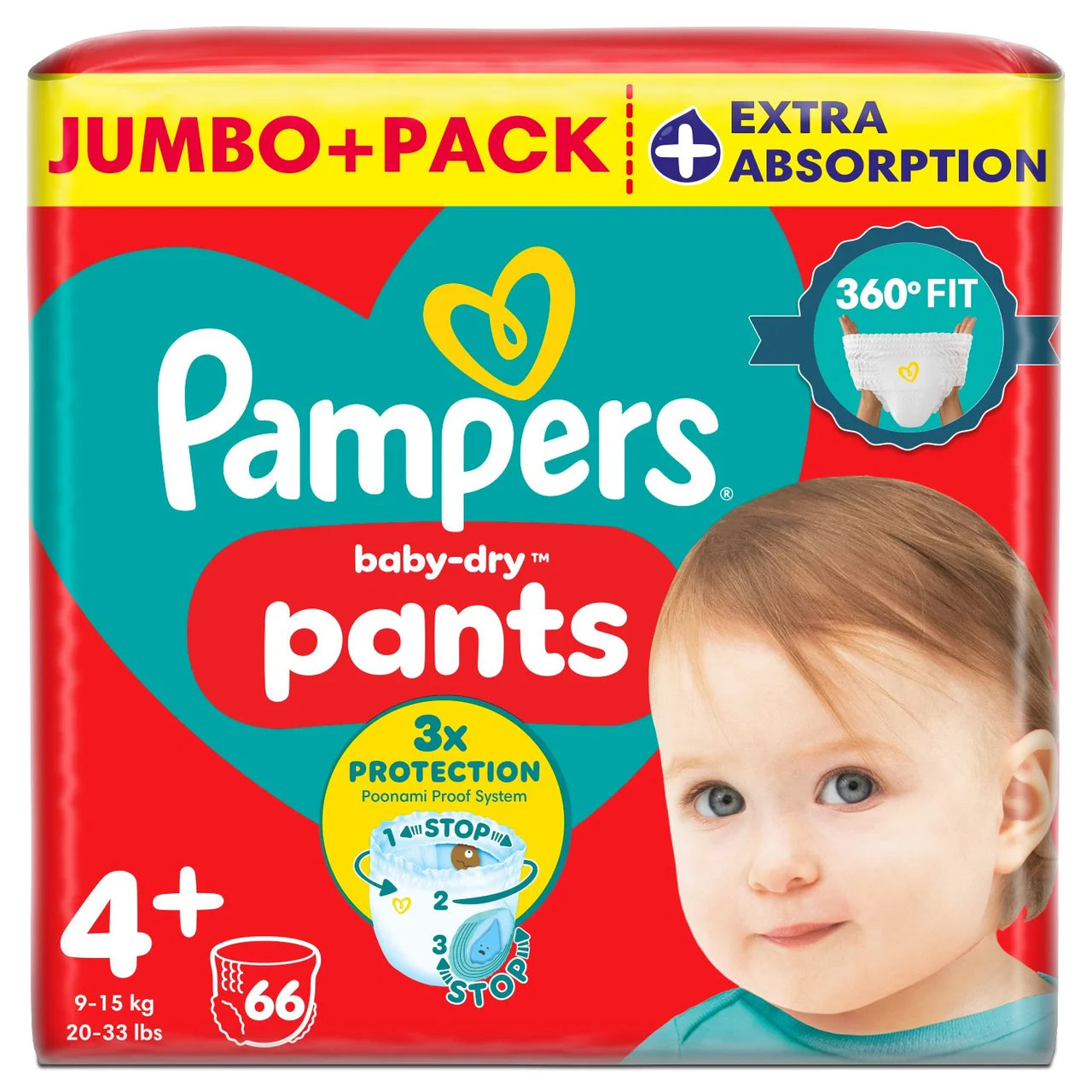 Pampers Baby-Dry Nappy Pants Size 4+ Extra Absorption Jumbo+ 66 per Pack