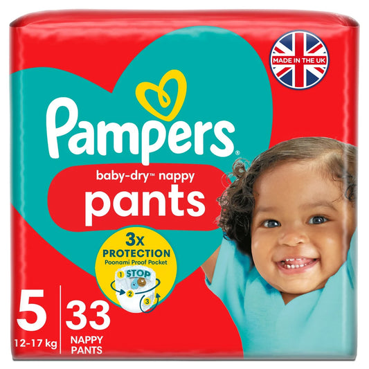 Pampers Baby-Dry Nappy Pants, Size 5 (12-17kg) Essential 33 per pack