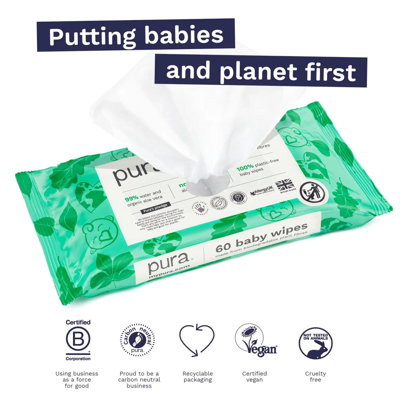 Pura Plastic Free Baby Wipes 3 x60pk