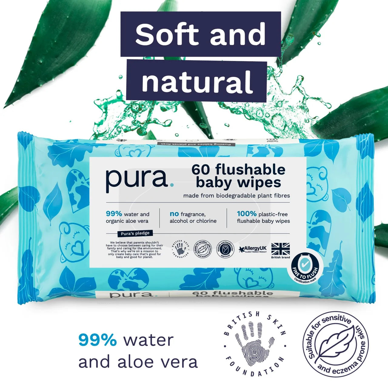 Pura Plastic Free Flushable Baby Wipes 60pk