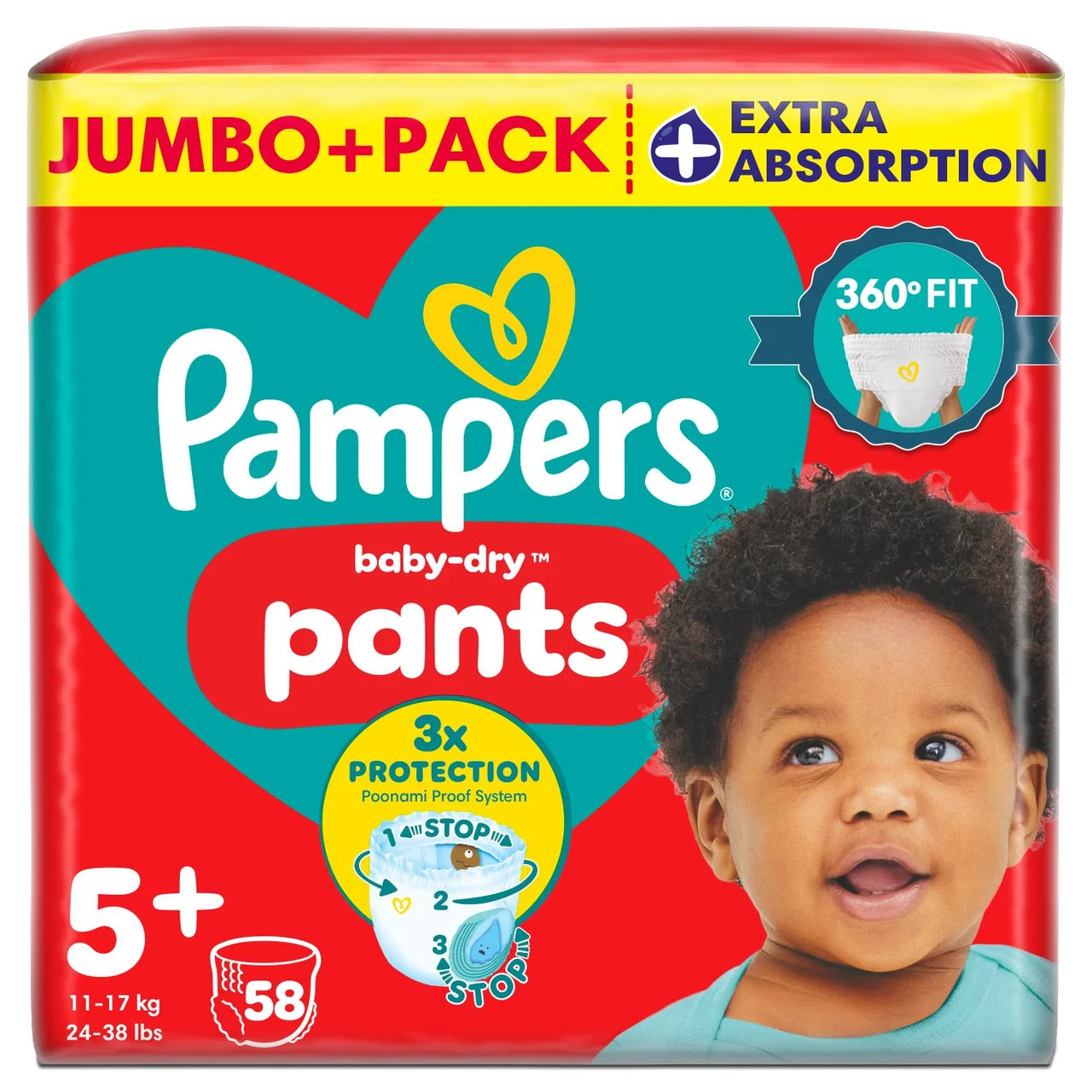 Pampers Baby-Dry Nappy Pants Size 5+ Extra Absorption Jumbo+ 58 per Pack