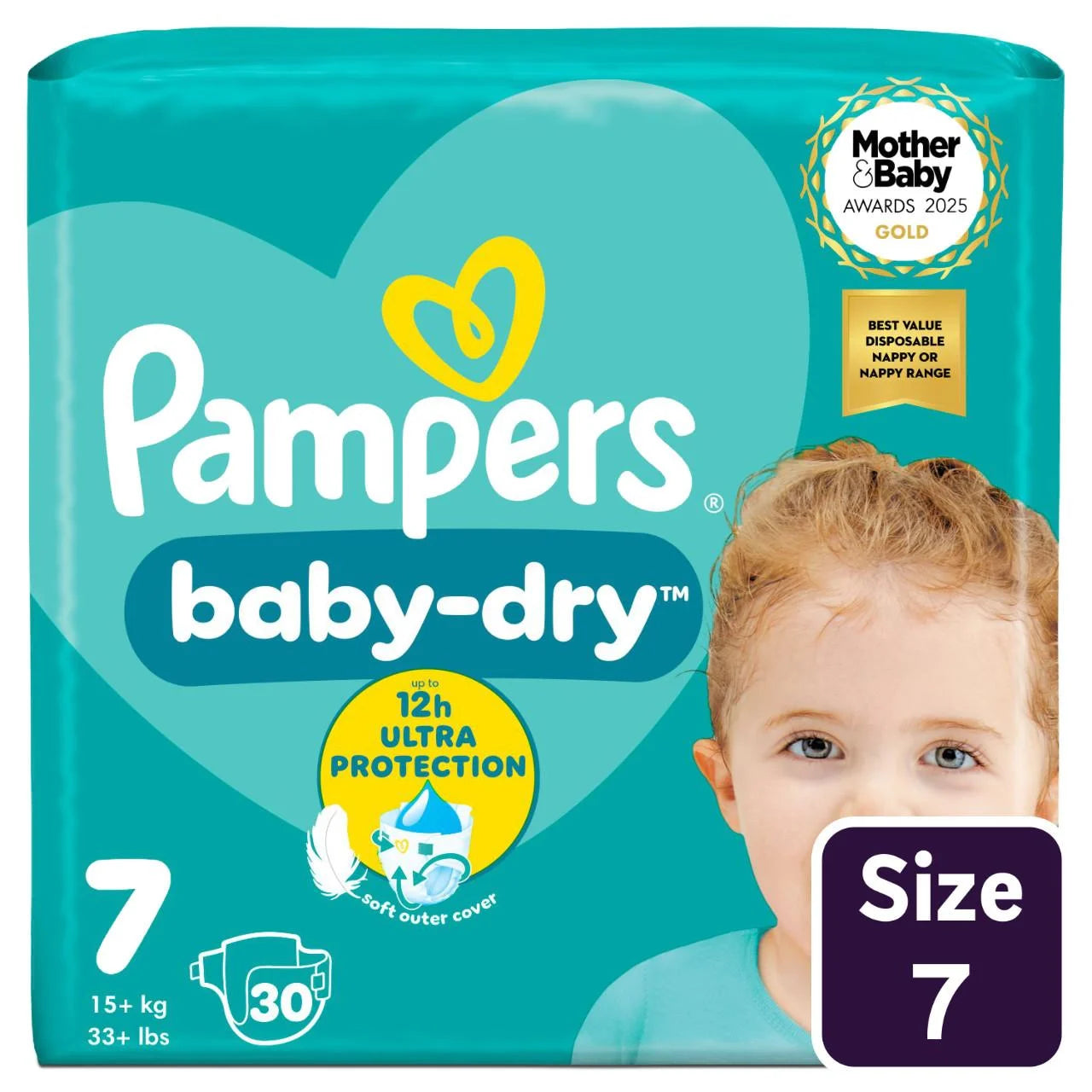 Pampers Baby-Dry Nappies, Size 7 (15kg+) Essential 30 per Pack