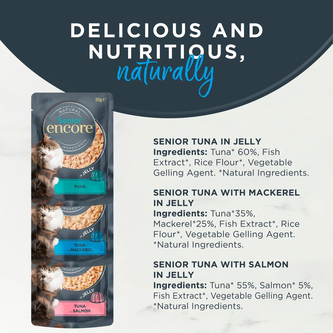 Encore Senior Wet Cat Food Multipack Fish Selection Pouches in Jelly 5 x 50g