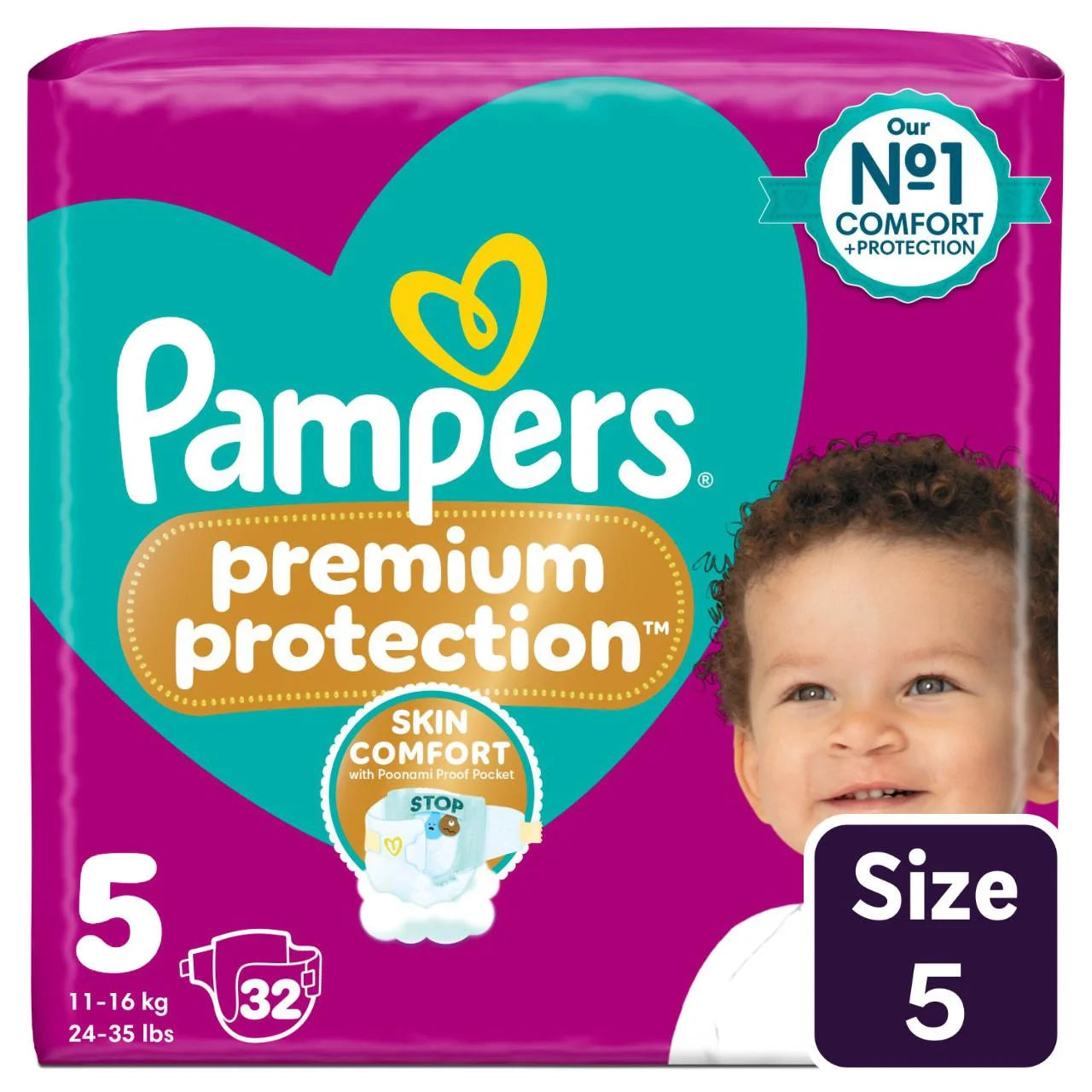 Pampers Premium Protection Nappies, Size 5 (11-16kg) Essential  32 per Pack