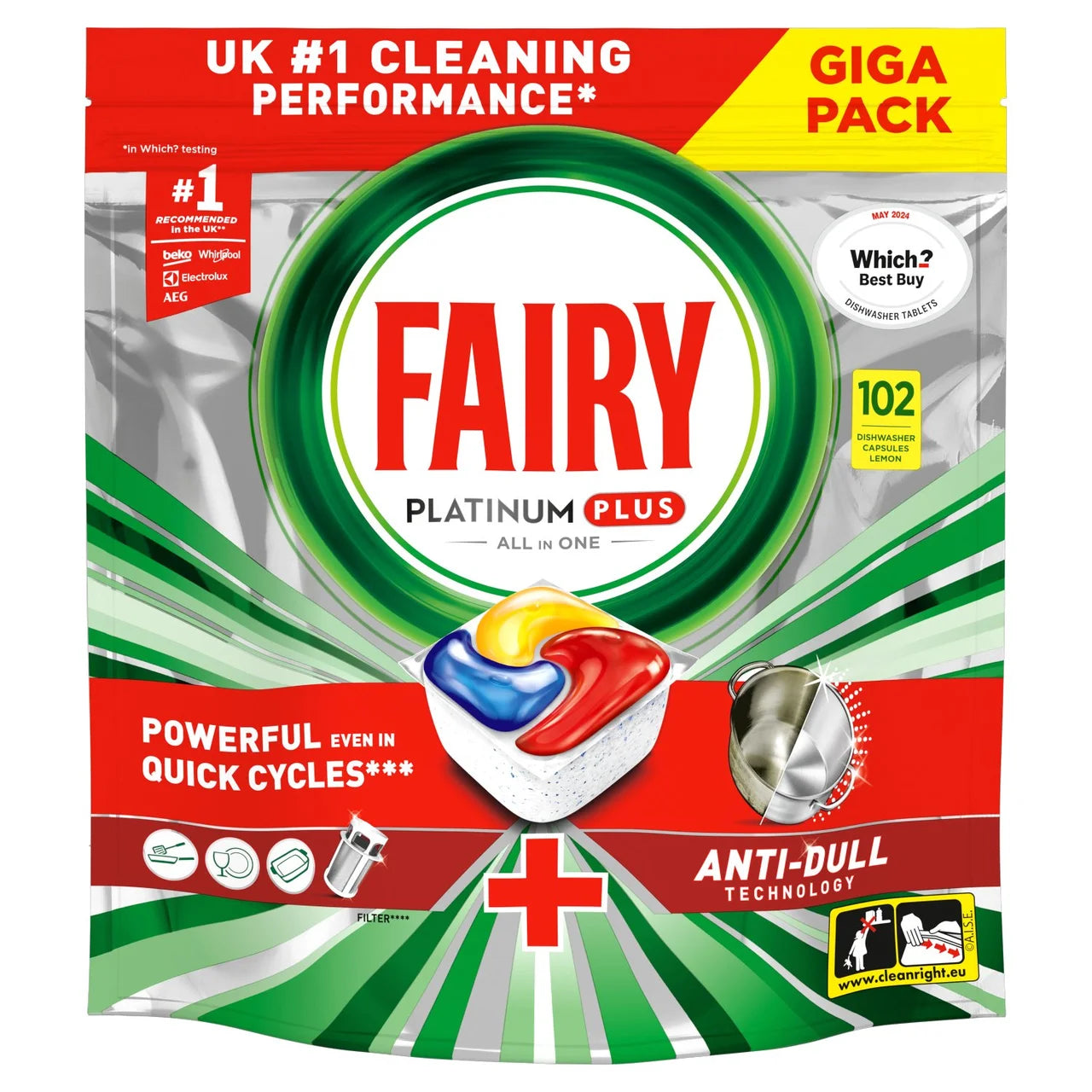 Fairy Platinum Plus All In One Lemon Dishwasher Tablets 102 per pack