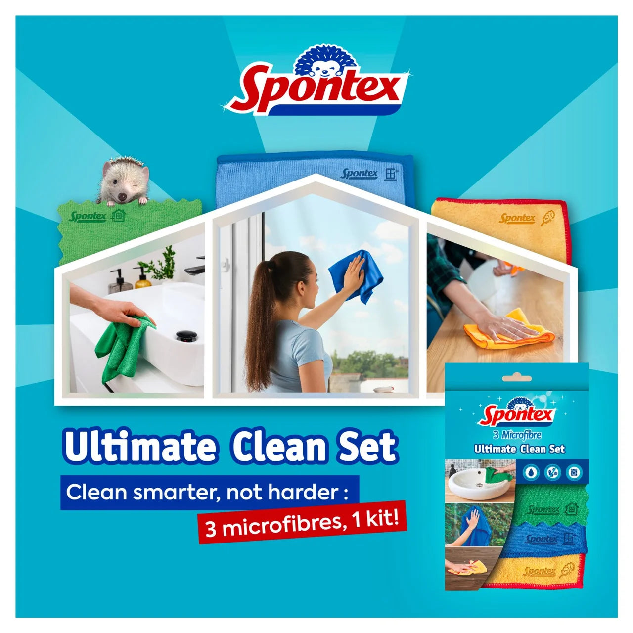 Spontex Ultimate Microfibre Multipurpose Cleaner Kit Cloths & Duster 3 per pack