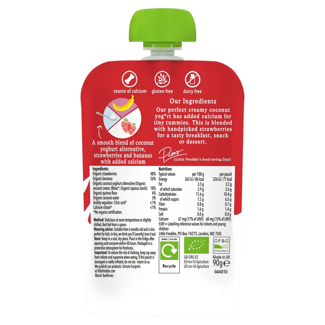 Little Freddie Dairy Free Strawberry Coconut Yoghurt Baby Pouch 6+ Months 90g