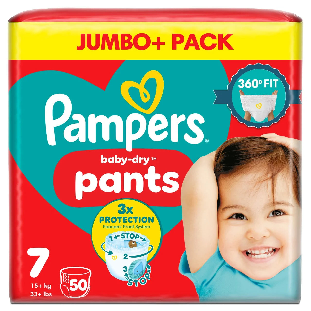 Pampers Baby-Dry Nappy Pants, Size 7 15kg+ Jumbo 50 per Pack