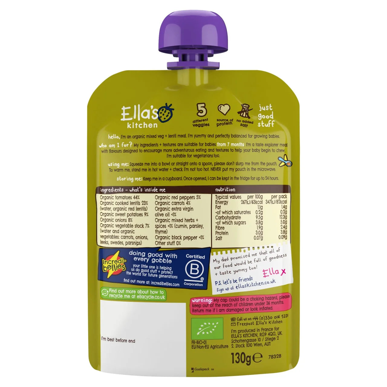 Ella's Kitchen Vegetable & Lentil Bake Baby Food Pouch 7+ Months 130g