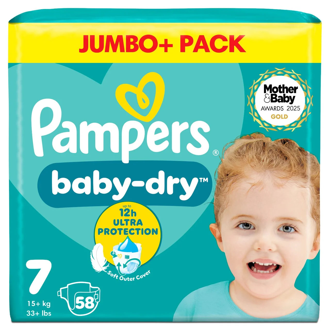 Pampers Baby-Dry Nappies, Size 7 (15kg+) Jumbo+ 58 per Pack