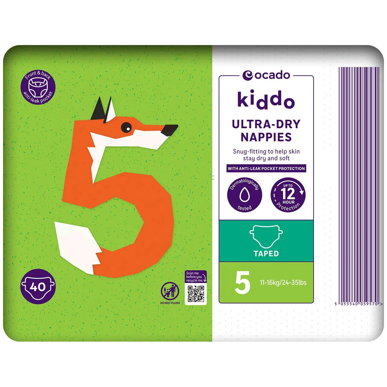 Ocado Kiddo Ultra-Dry Nappies Size 5 (11-16kg) 40 per pack