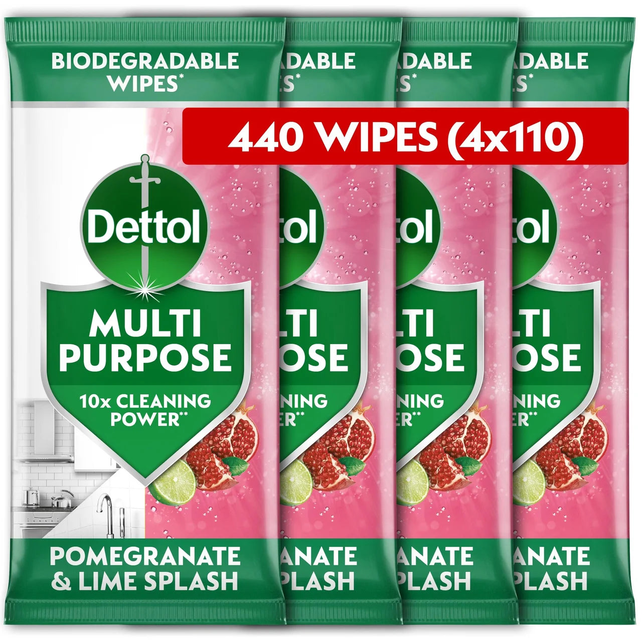Dettol Antibacterial Biodegradable Pomegranate and Lime Wipes, 4x110