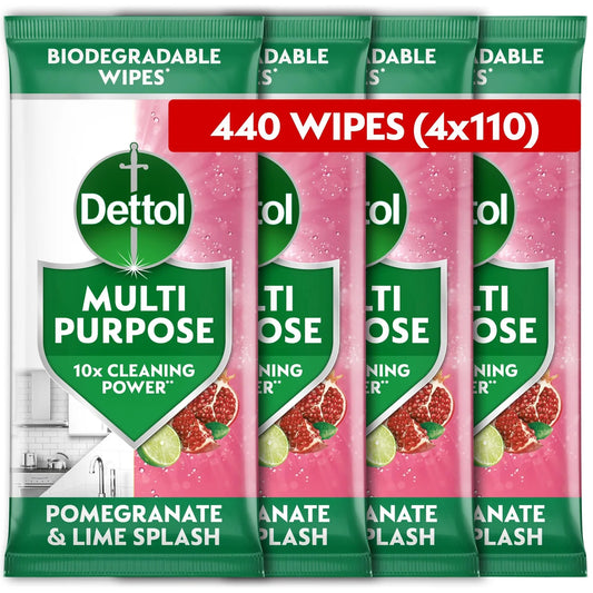 Dettol Antibacterial Biodegradable Pomegranate and Lime Wipes, 4x110