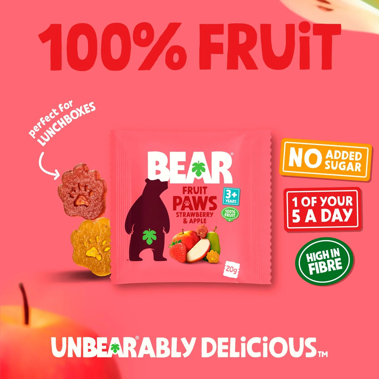 BEAR Strawberry & Apple Fruit Paws Kids Snack Multipack 5 x 20g