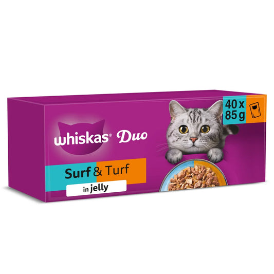 Whiskas 1+ Duo Surf and Turf Adult Wet Cat Food Pouches in Jelly 40 x 85g