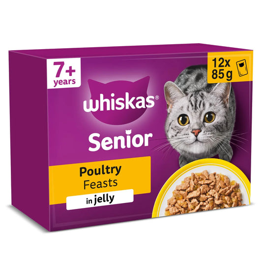 Whiskas 7+ Senior Wet Cat Food Pouches Poultry Feasts in Jelly 12 x 85g