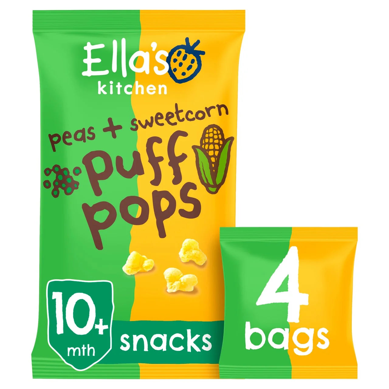 Ella's Kitchen Peas & Sweetcorn Puff Pops Multipack Baby Snack 10+ Months 4 x 9g