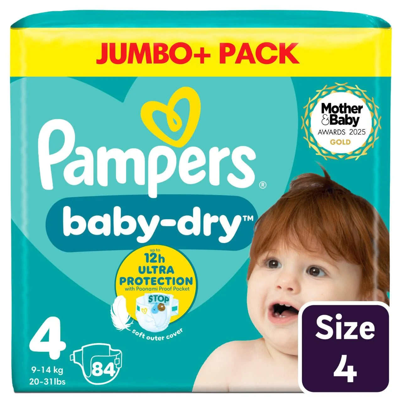 Pampers Baby-Dry Nappies, Size 4 (9-14kg) Jumbo+ 84 per  Pack