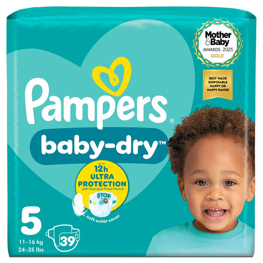Pampers Baby-Dry Nappies, Size 5 (11-16kg) Essential 39 per Pack