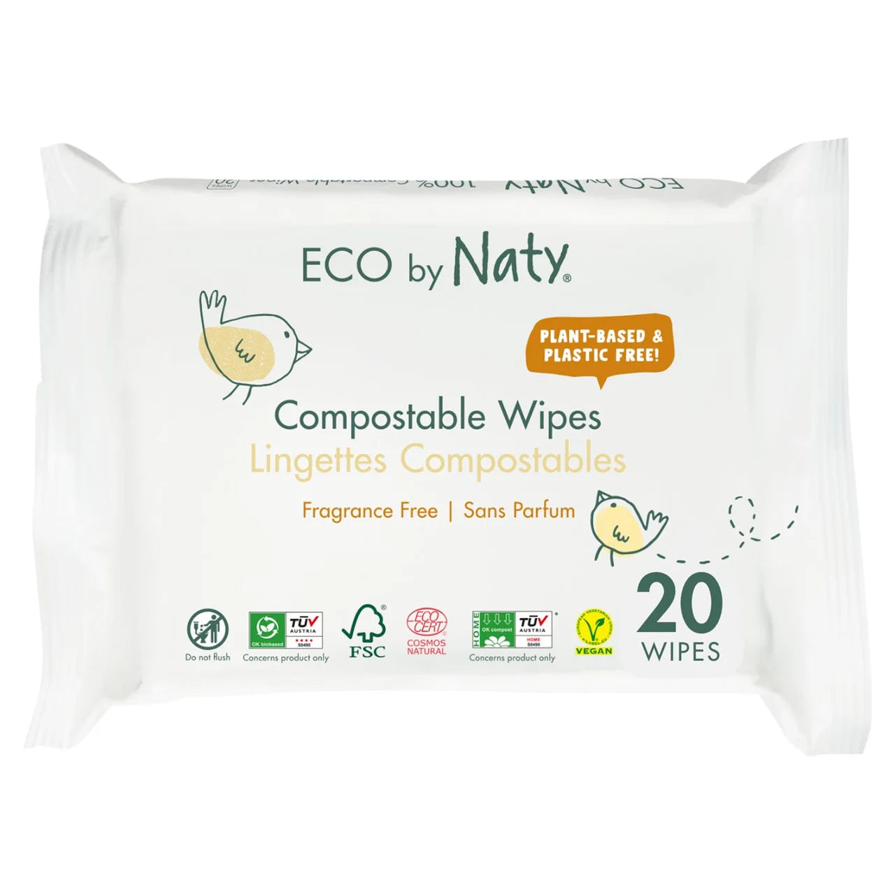 Naty Compostable Wipes Travel pack, Unscented 20 per pack